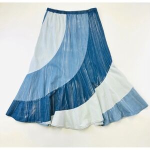 Vintage Frazzle Patchwork Denim Maxi Skirt Blue Stripes Elastic Waist XL